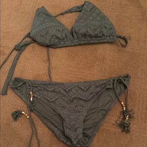 Green Textured Bikini Set with Adjustable Ties